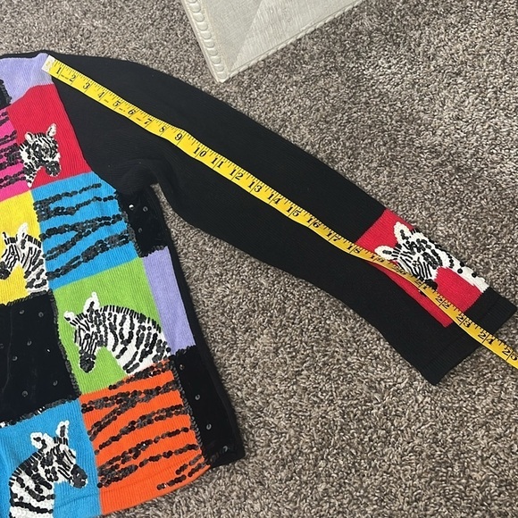 Vintage 1990s Zebra Sequin Rainbow Patchwork Teacher Granny Cardigan large - Picture 5 of 10